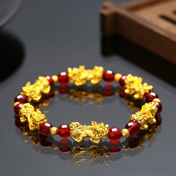 Gold Plated Brass Pixiu Feng Shui Bracelet Bracelet INNERVIBER Red Onyx