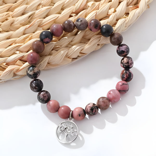 Rhodonite Crystal Healing Bracelet With Tree of Life Charm INNERVIBER 