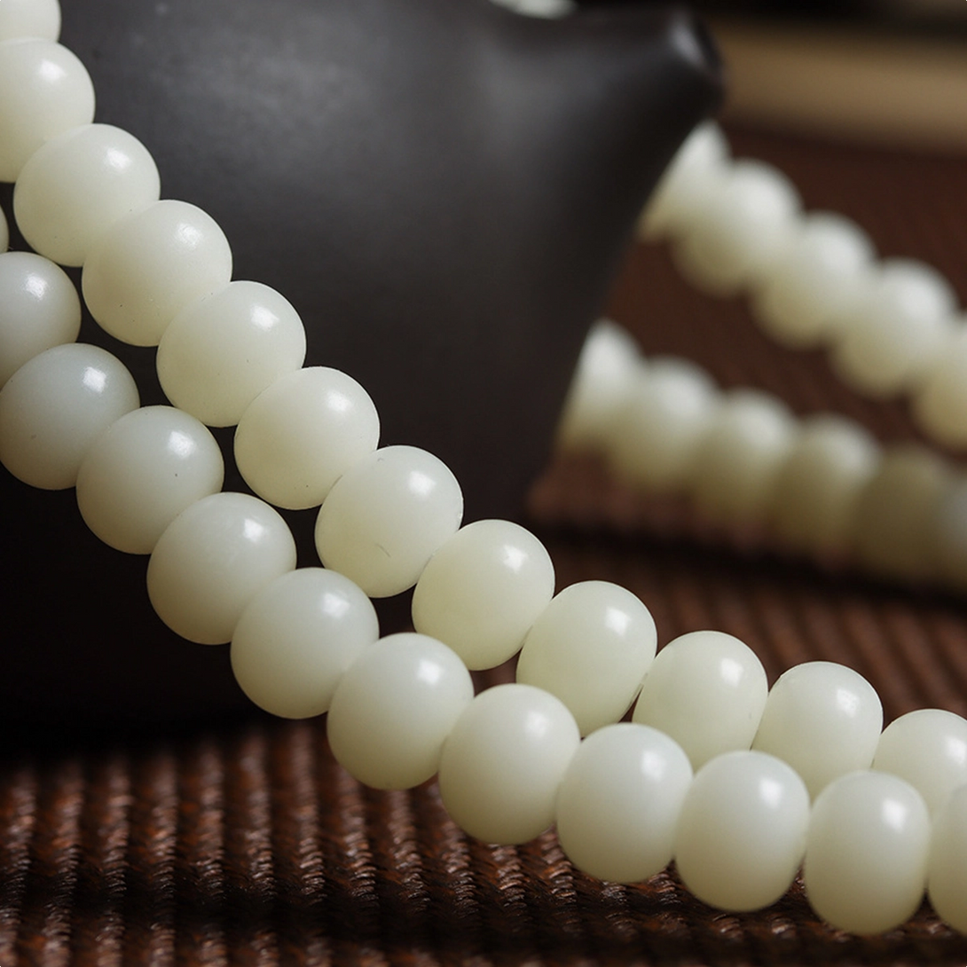 details 108 Beads MALA Natural White Jade Bodhi Lotus Luck Bracelet