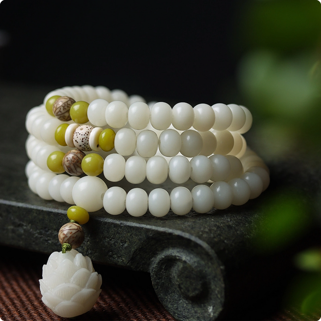 INNERVIBER 108 Beads MALA Natural White Jade Bodhi Lotus Luck Bracelet 2