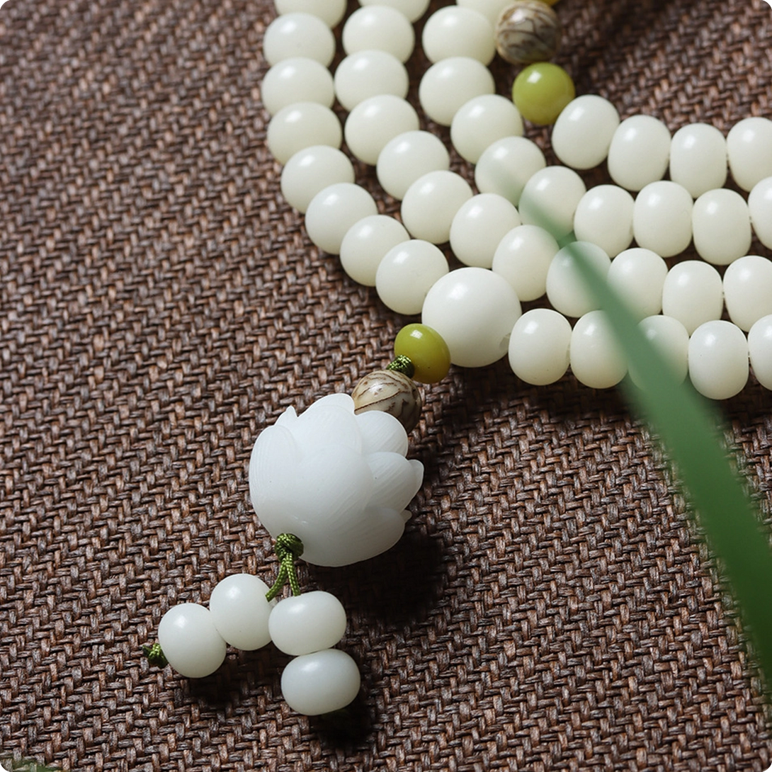 INNERVIBER 108 Beads MALA Natural White Jade Bodhi Lotus Luck Bracelet