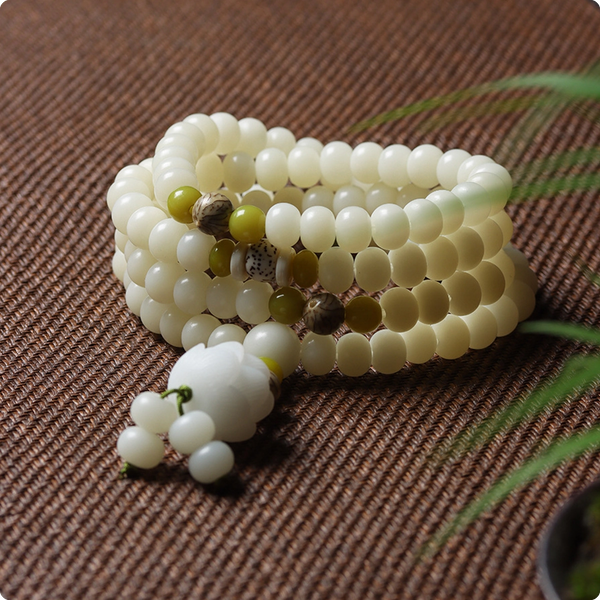 White Jade Bracelet 108 Beads MALA Natural White Jade Bodhi Lotus Luck Bracelet 