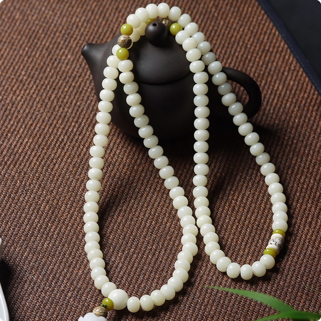 INNERVIBER 108 Beads MALA Natural White Jade Bodhi Lotus Luck Bracelet - INNERVIBER