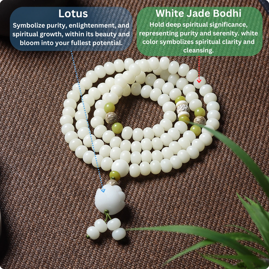 INNERVIBER 108 Beads MALA Natural White Jade Bodhi Lotus Luck Bracelet 1