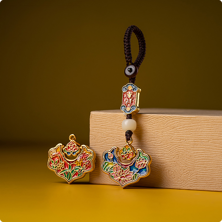 Ancient Enamel Peace Lock Auspicious Handcrafted Couple's Keychain Pendant