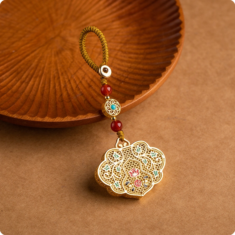 INNERVIBER Brass Agate Enamel Peace Ruyi Lock Keychain Pendant Decoration