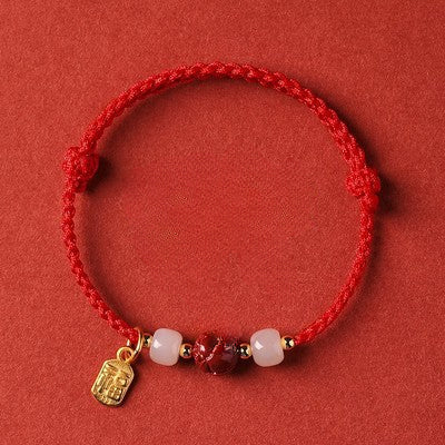 INNERVIBER Cinnabar Red String Lotus Fu Character Blessing Peace Bracelet 