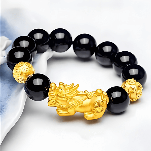 Gold Plated Brass Pixiu Black Obsidian Fortune Bracelet INNERVIBER