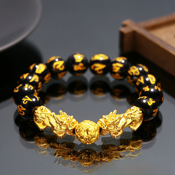 BlessingGiver Gold Plated Brass Pixiu Black Obsidian Wealth Bracelet BlessingGiver