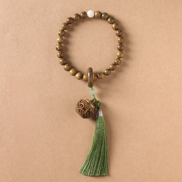 Green Sandalwood Lotus Flower Sachet Buddha Charm Mala Bracelet with Tassel INNERVIBER