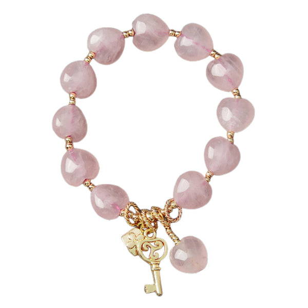 BlessingGiver Handcrafted Gold-Plated Key Pendant Natural Heart Pink Crystal Bracelet BlessingGiver
