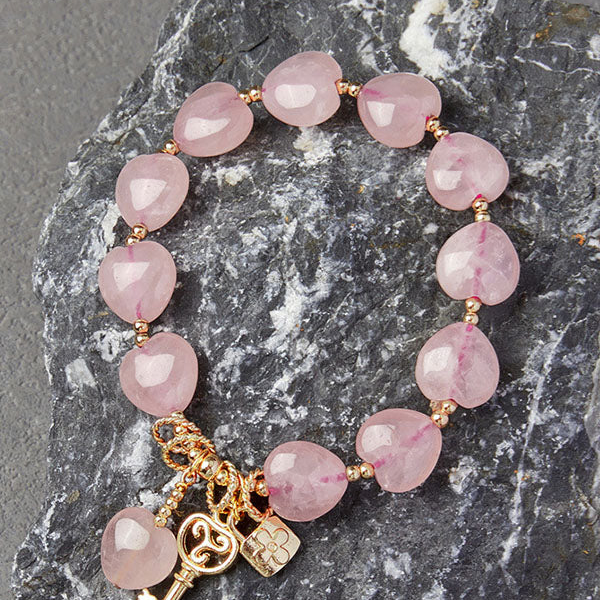BlessingGiver Handcrafted Gold-Plated Key Pendant Natural Heart Pink Crystal Bracelet BlessingGiver