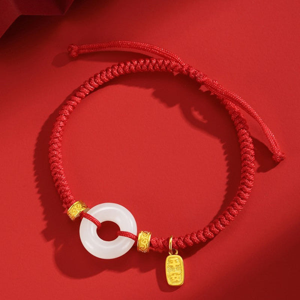 14K Gold Hetian Jade Peace Buckle Love Lucky Red String Bracelet