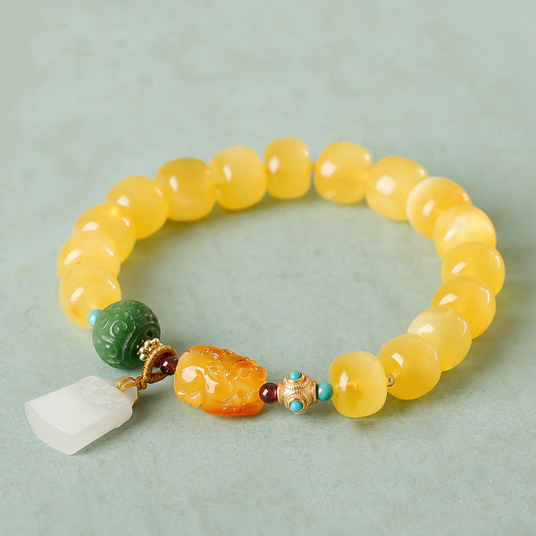 BlessingGiver Natural Amber Barrel Beads Gold Twisted Multi-treasure Accessories Bracelet BlessingGiver
