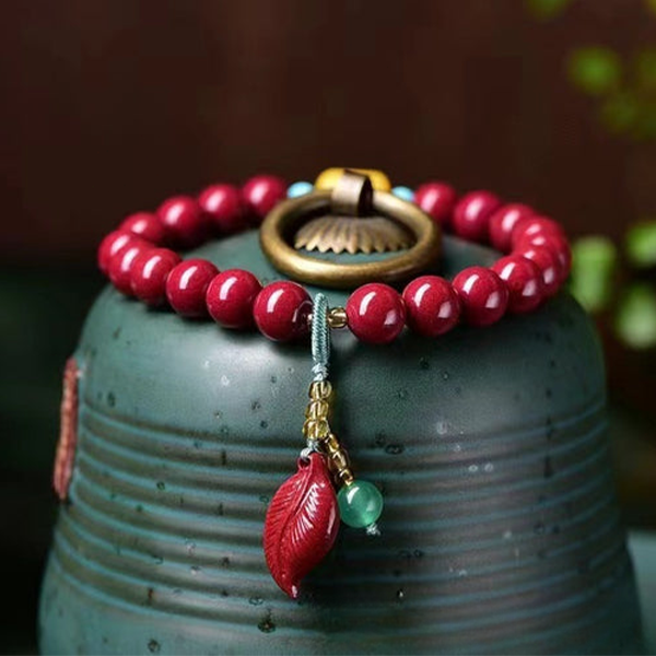 INNERVIBER Cinnabar Bead Leaf Charm Bracelet