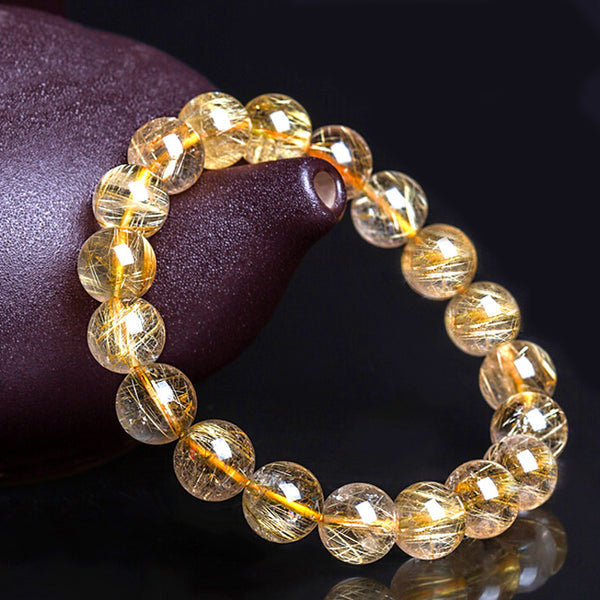 BlessingGiver Natural Gold Rutilated Quartz Stretch Crystal Beads Protection Bracelet BlessingGiver