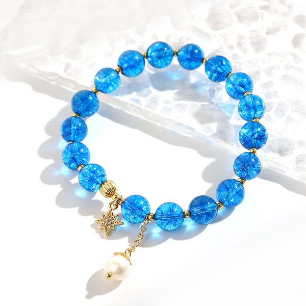 BlessingGiver Natural Pearl Lucky Beads Blue Sparkling Crystal Bracelet BlessingGiver
