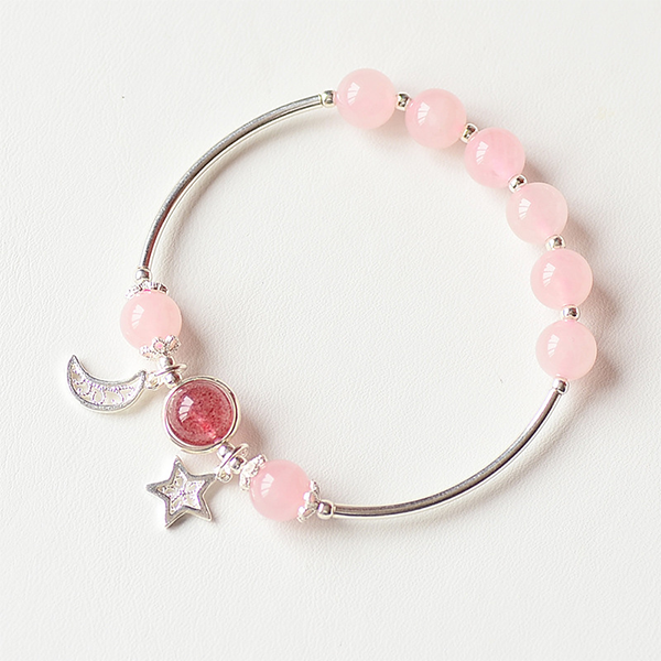 Natural Pink Crystal Strawberry Crystal Constellation 925 Sterling Silver Jewelry Love Bracelet Bracelet INNERVIBER Star & Moon