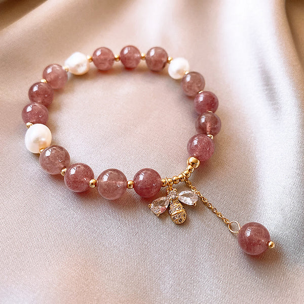 Natural Strawberry Pink Crystal Bee Pendant Chinese Style Good Luck Love Bracelet Bracelet INNERVIBER main