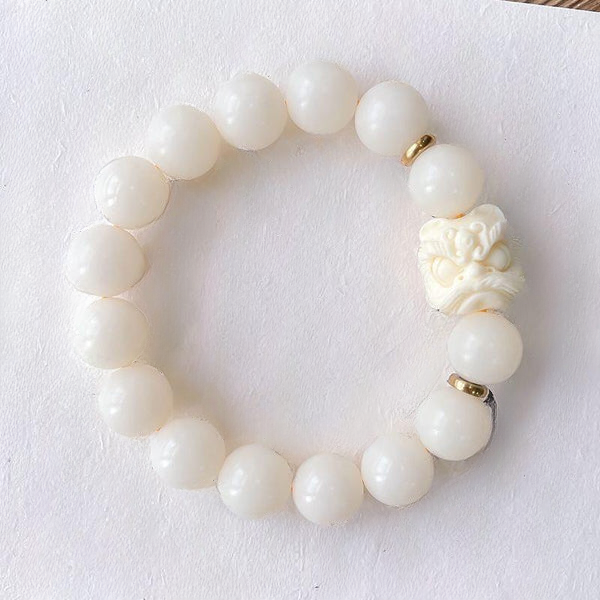 BlessingGiver Natural White Jade Bodhi Round Beads Awakening Lion Bracelet BlessingGiver
