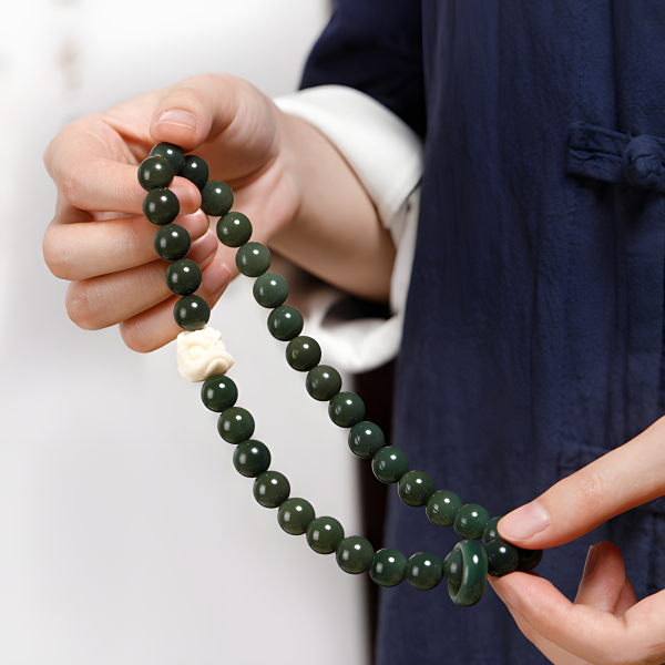 BlessingGiver Natural White Jade Bodhi Round Beads Awakening Lion Bracelet BlessingGiver