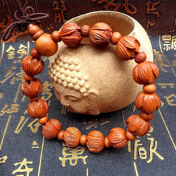 BlessingGiver Peach Wood Lotus Buddha Beads Rosary Bracelet BlessingGiver