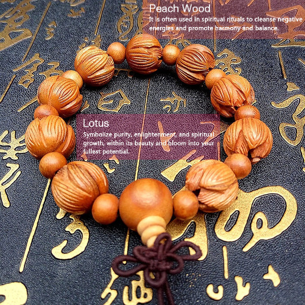 BlessingGiver Peach Wood Lotus Buddha Beads Rosary Bracelet BlessingGiver