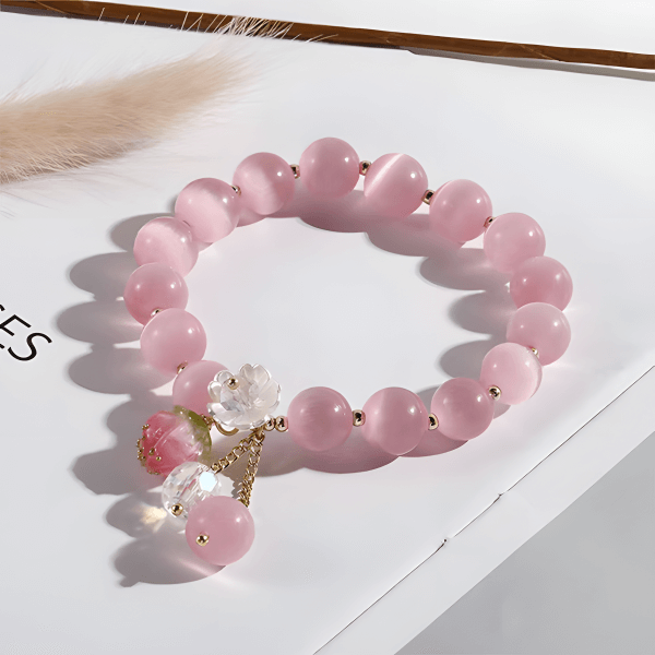 BlessingGiver Pink Cat's Eye Stone Strawberry Pendant Love Stretch Bracelet BlessingGiver