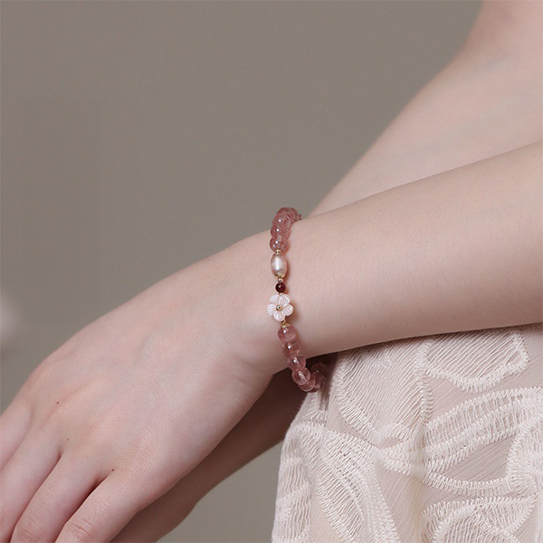 INNERVIBER Pink Crystal Bracelet With Peach Blossom Charm 4