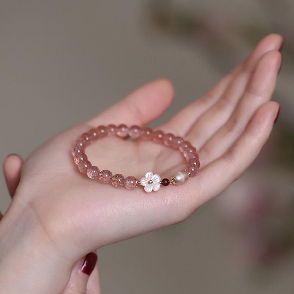 INNERVIBER Pink Crystal Bracelet With Peach Blossom Charm 2