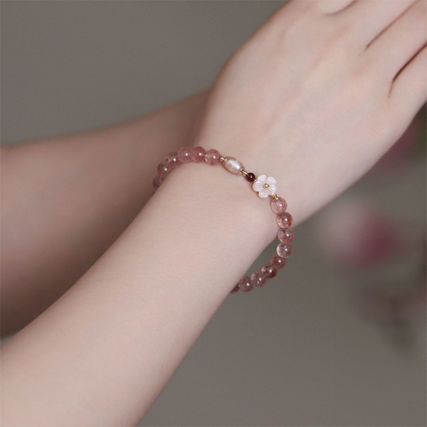INNERVIBER Pink Crystal Bracelet With Peach Blossom Charm 3