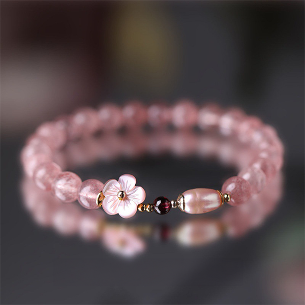 INNERVIBER Pink Crystal Bracelet With Peach Blossom Charm
