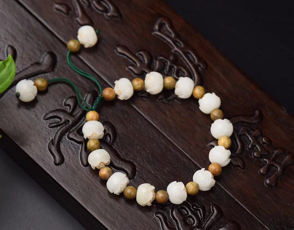 INNERVIBER White Lotus Buddist Wooden Beads Bracelet
