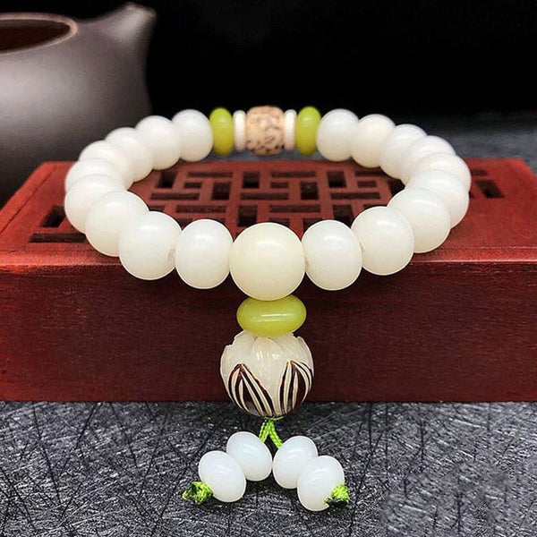 INNERVIBER Bodhi Seed White Jade Lotus Energy Bracelet 