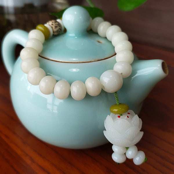 INNERVIBER Bodhi Seed White Jade Lotus Energy Bracelet  11