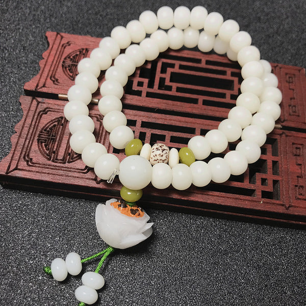 White Jade Bodhi 36 Buddhist Beads Lotus Peace Energy Bracelet Bracelet INNERVIBER Two-layer Lotus Flower