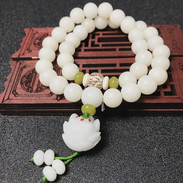 White Jade Bodhi 36 Buddhist Beads Lotus Peace Energy Bracelet Bracelet INNERVIBER Three-layer Lotus Flower