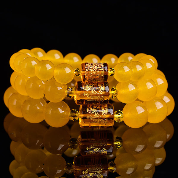 BlessingGiver Yellow Chalcedony Three-sided God of Wealth Barrel Bead Harmony Bracelet BlessingGiver