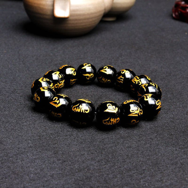 INNERVIBER Black Obsidian Six True Words 'Om Mani Padme Hum'  Beads Bracelet Bracelet INNERVIBER Black Agate 10mm