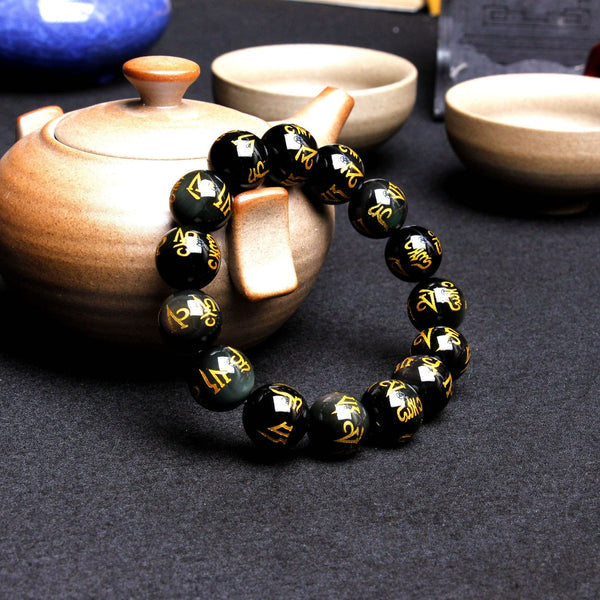 INNERVIBER Black Obsidian Six True Words 'Om Mani Padme Hum'  Beads Bracelet Bracelet INNERVIBER Black Agate 12mm